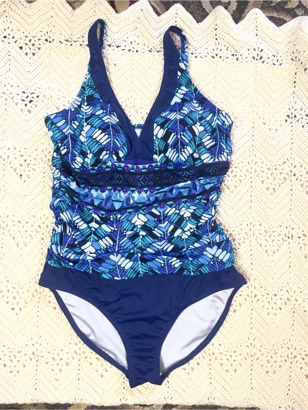 MAXINE OF HOLLYWOOD Green/Blue Tropical Print Ruched One-Piece Swimsuit Size 16